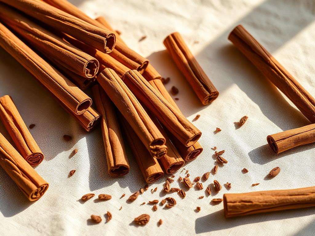 Rolled Ceylon cinnamon quills on cream linen
