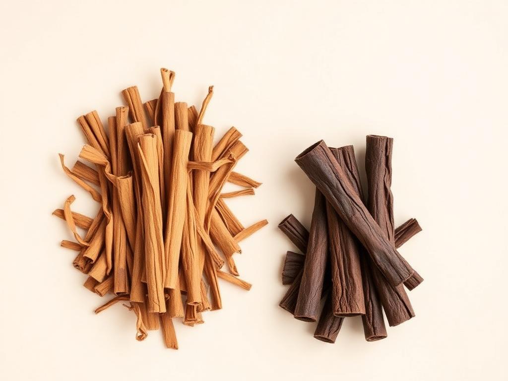 Delicate Ceylon cinnamon quills beside thicker, darker Cassia bark