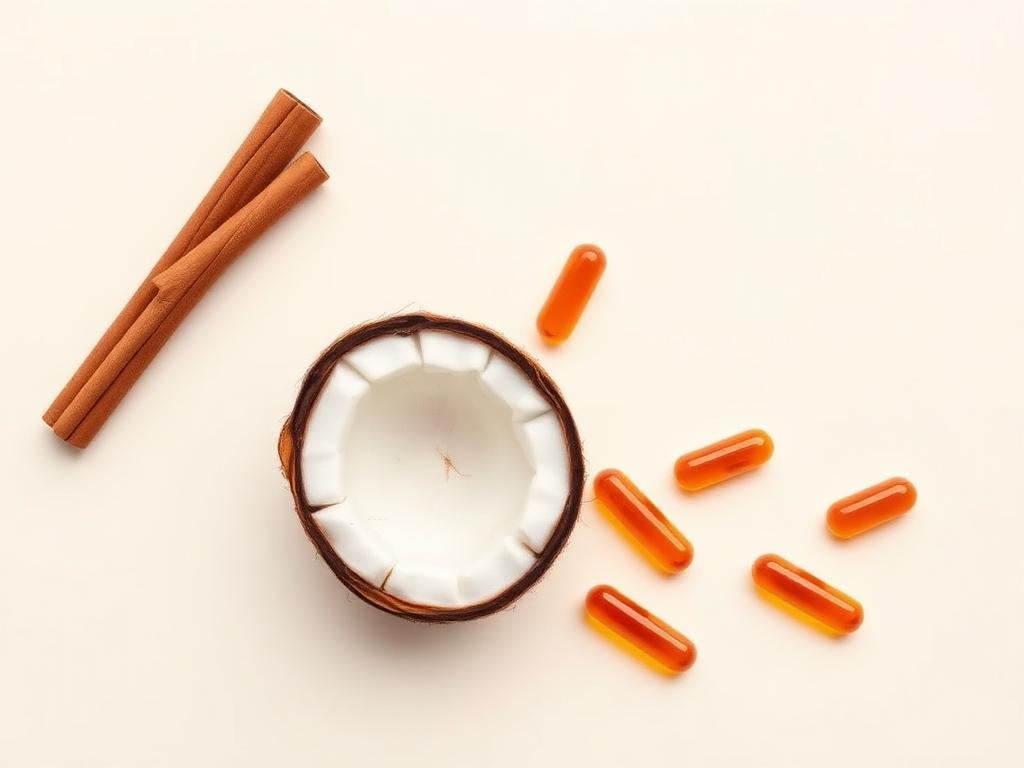 Cinnamon bark, coconut and softgels laid out on a cream surface