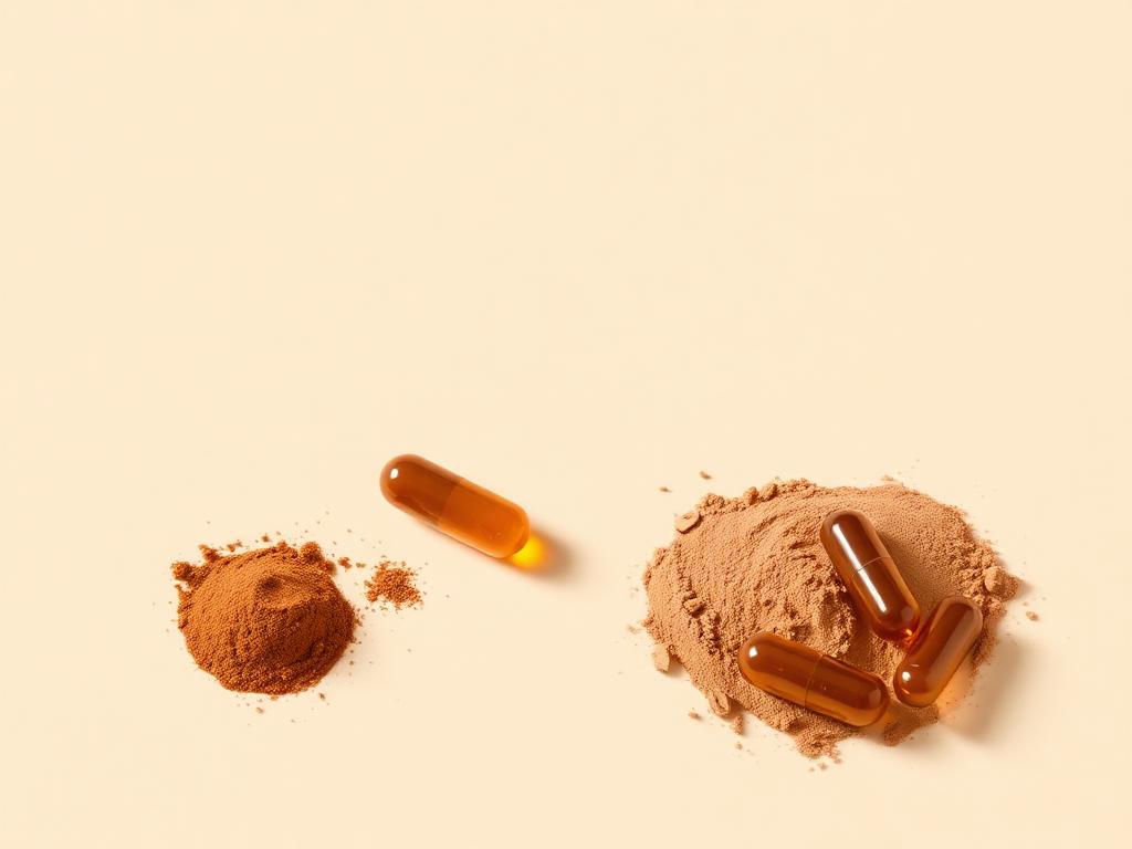 A small spoon of cinnamon powder next to a much larger portion with softgels