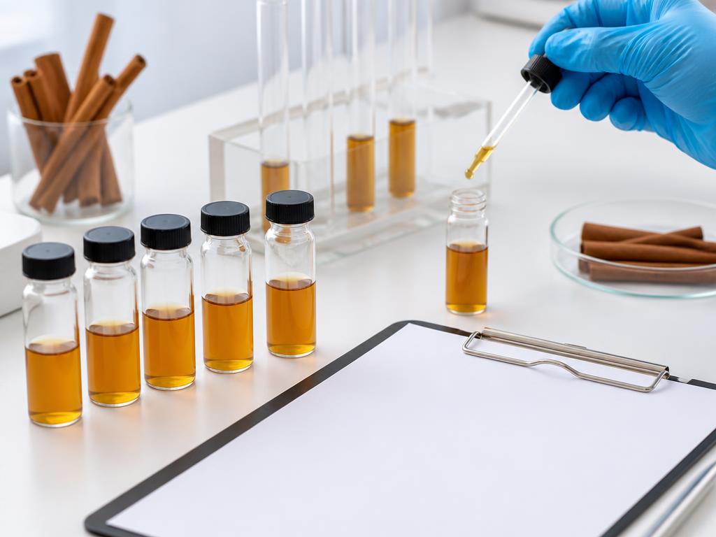 Laboratory vials of cinnamon extract being tested on a white bench