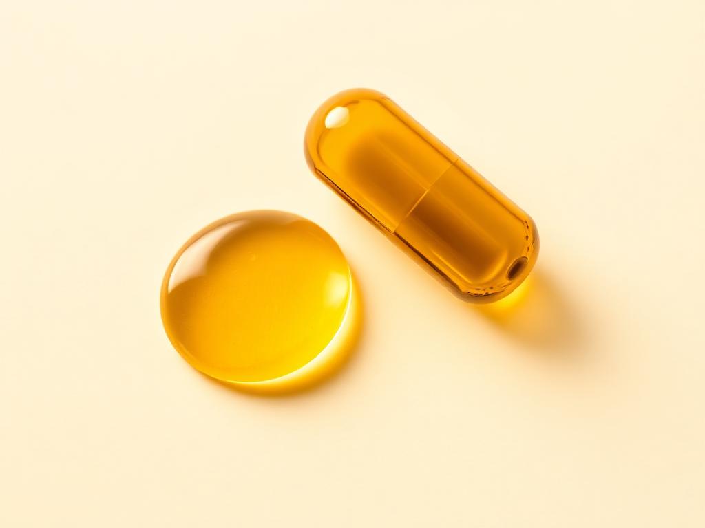A golden MCT oil droplet next to a single softgel