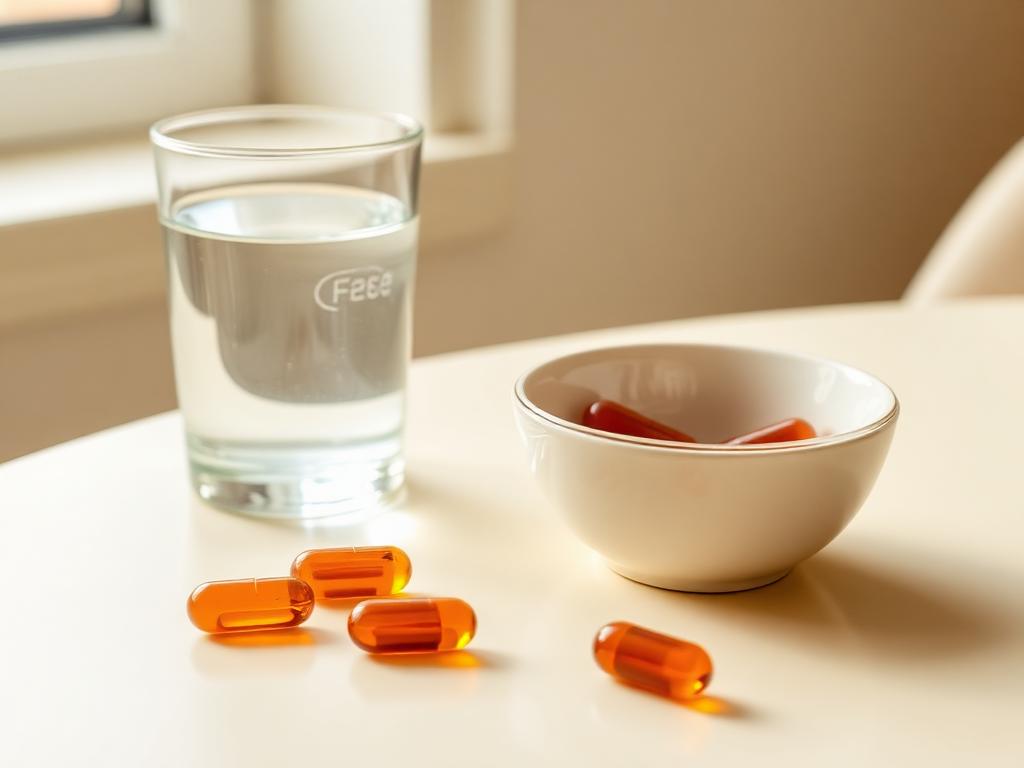 Three softgels and a glass of water on a breakfast table in morning light