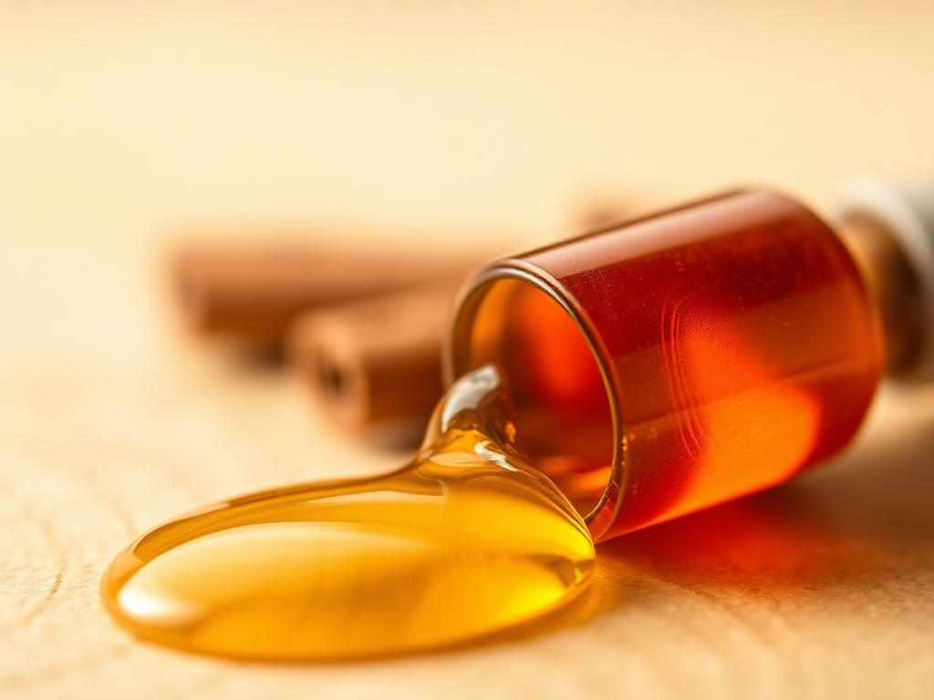Golden oil flowing from an opened softgel capsule