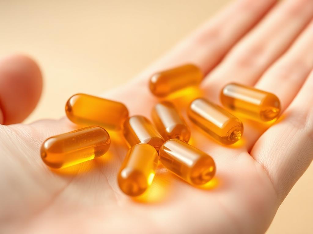 Smooth amber softgels resting in an open palm