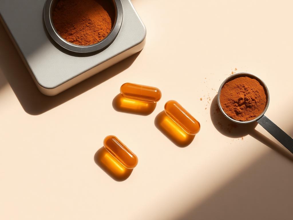 Three amber softgels beside a scale and measured cinnamon powder